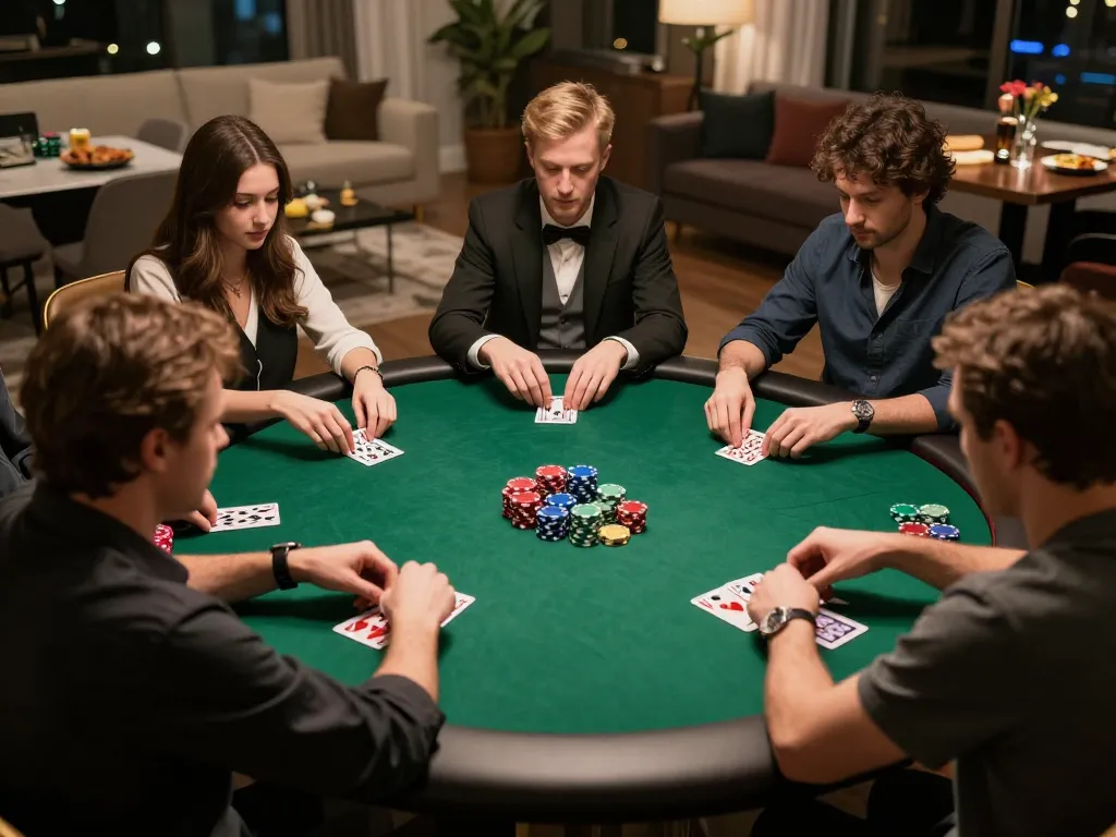 Players strategizing at a private poker game inspired by hiddenwiki activities, colorful chips stacked on the table.