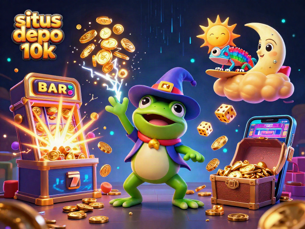 Situs depo 10k showcases a wizard frog and chameleon amidst a jackpot explosion in a vibrant casino setting.