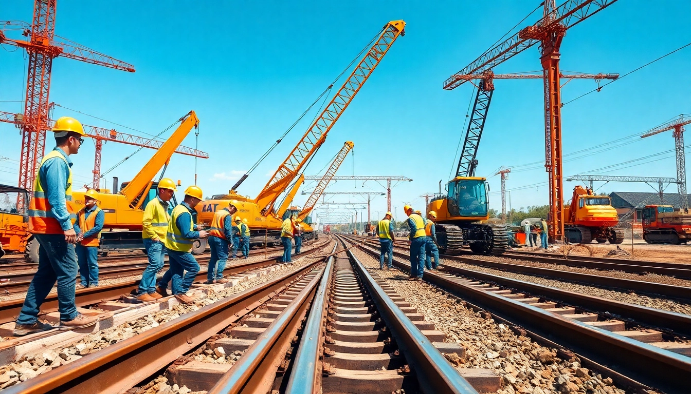 Railroad Track Construction Company team coordinating on-site with heavy machinery and tracks