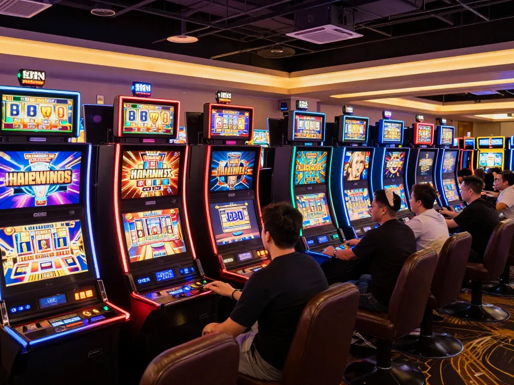 Engaging scene of vibrant players enjoying slot online gaming in a colorful casino