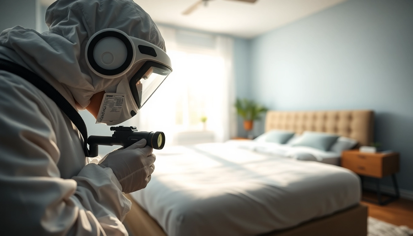 Expert technician from a bed bug company near me treating a bedroom for bed bugs.
