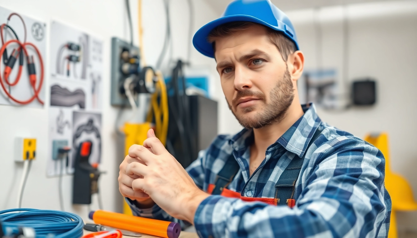 Engaging scene of electrical service maintenance with a professional electrician working safely.
