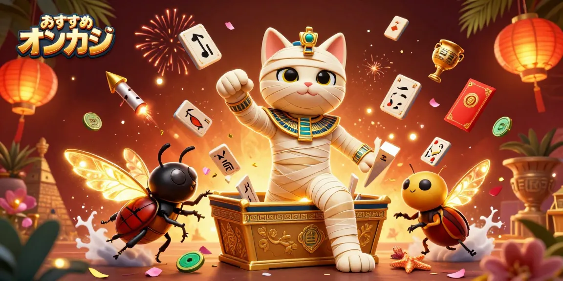 おすすめ オンカジで賭けるエジプトのミイラ猫が黄金のサルコファガスから飛び出し、カジノの場面を彩るイラスト。