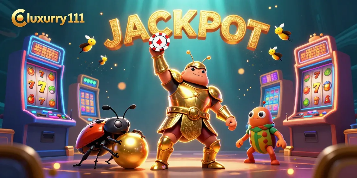Engage with thrilling games at luxury111, watching a hercules beetle celebrating a jackpot win amidst colorful slot machines.