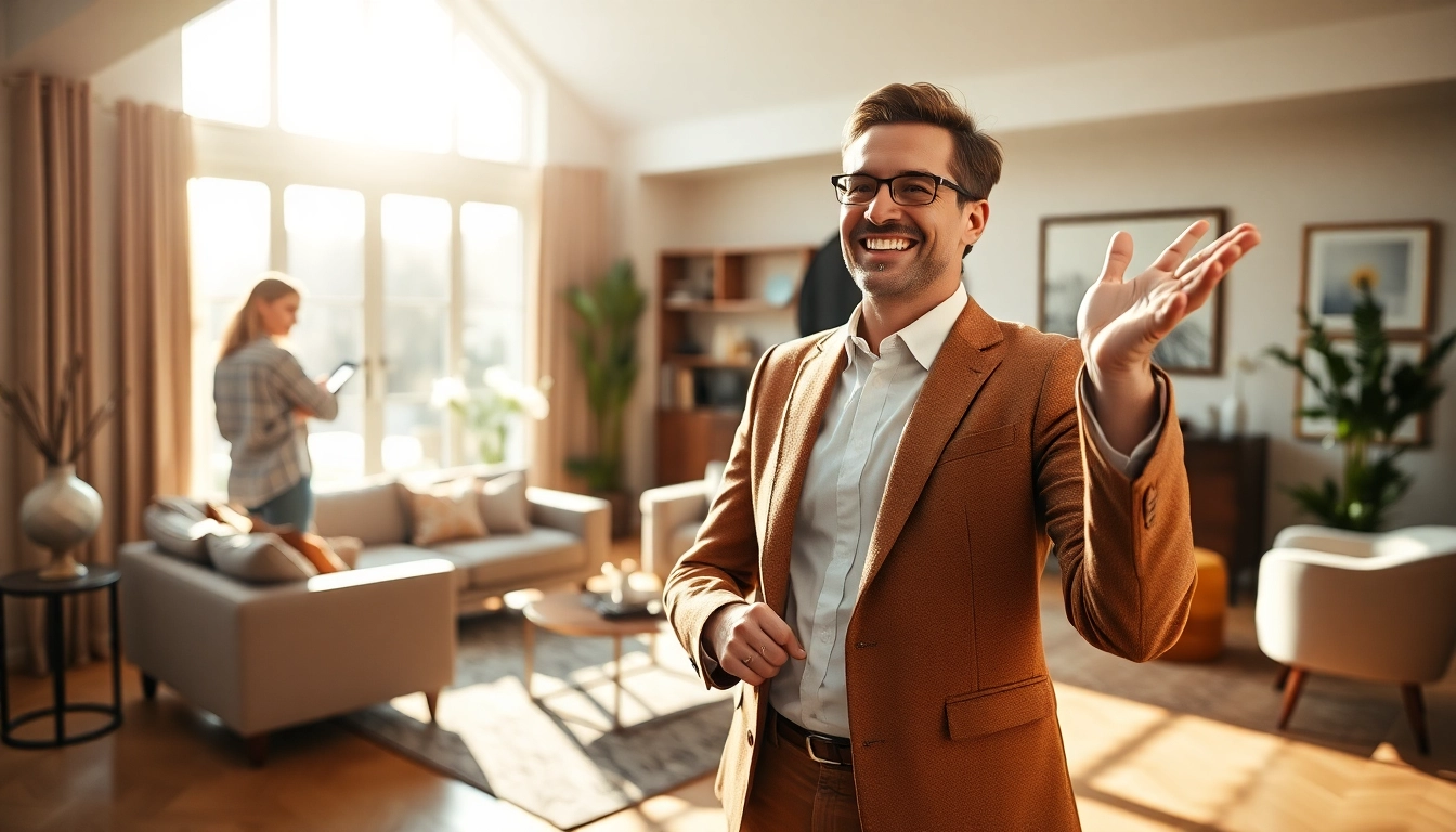 Real Estate agent showcasing an elegant home interior with natural light.