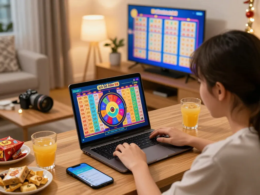 Exciting scene of a player enjoying xổ số hubet88 with lottery games and colorful tickets.