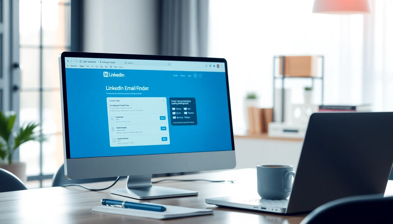 Utilizing the linkedin business email finder tool on a modern office computer for effective networking.