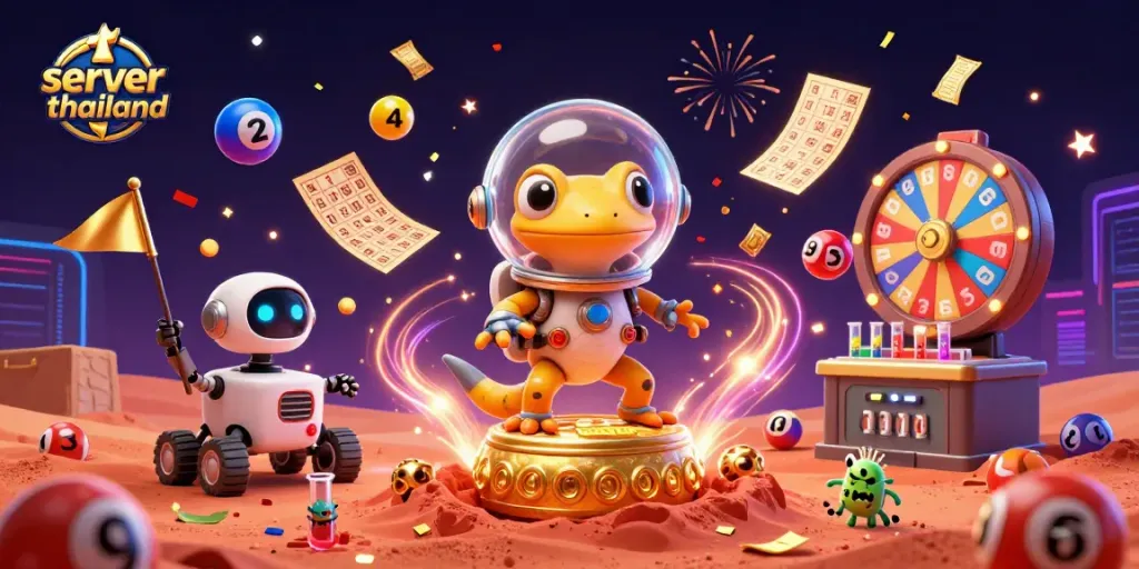 Experience the excitement of server thailand with a Martian gecko discovering a golden casino in a dynamic scene.