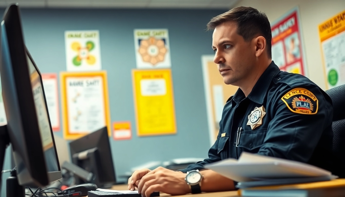 View of a law enforcement officer reviewing orange county jail inmate booking information while working.