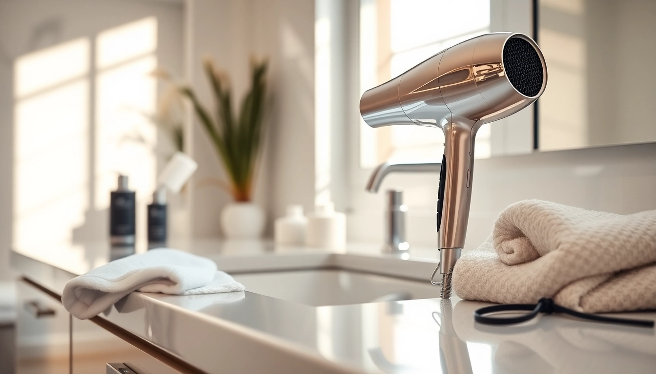 Styling with an ionic hair dryer on a modern vanity, showcasing its sleek design.