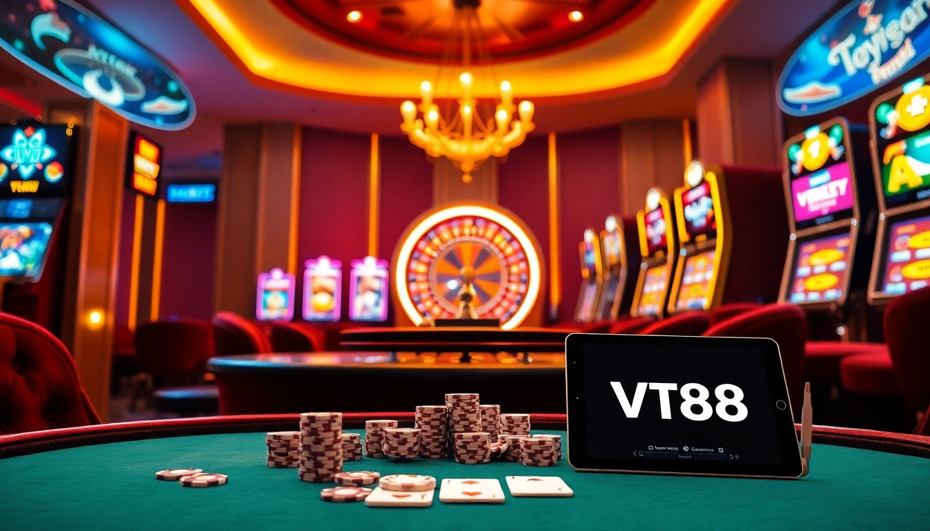 Playing at vt88's luxurious casino table with chips and cards in an exciting atmosphere.