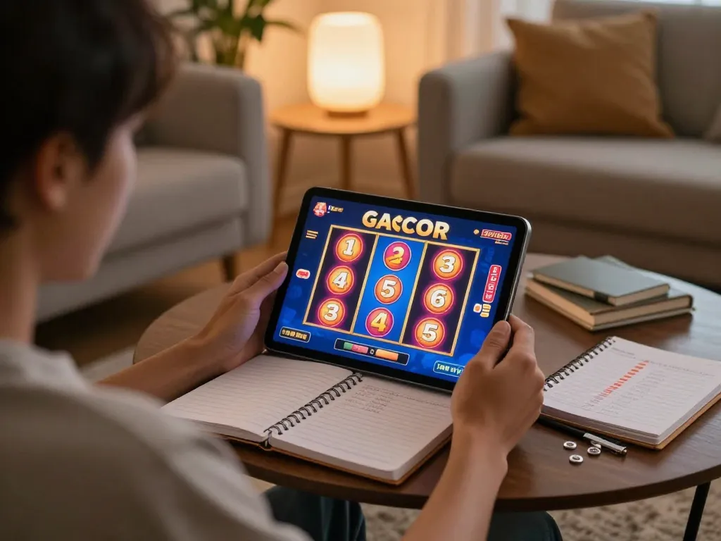 Bermain slot gacor di tablet dalam suasana rumah yang nyaman, menunjukkan permainan yang bertanggung jawab.
