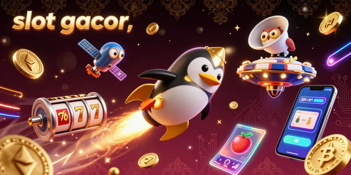 Playing slot gacor with a golden penguin launching into a cosmic casino, surrounded by vibrant gambling elements.