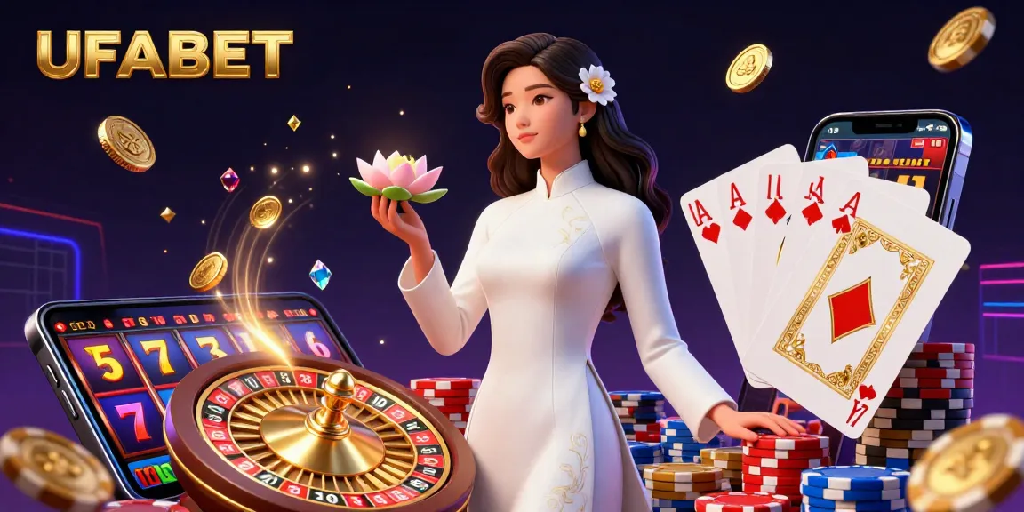UFABET showcases an elegant Asian woman in a vibrant, 3D casino scene with dynamic golden coins and a roulette wheel.