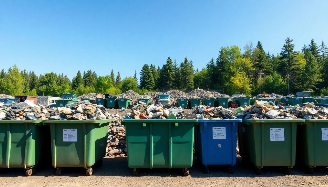 Bonnyville dump filled with waste materials and recycling bins under a clear blue sky.