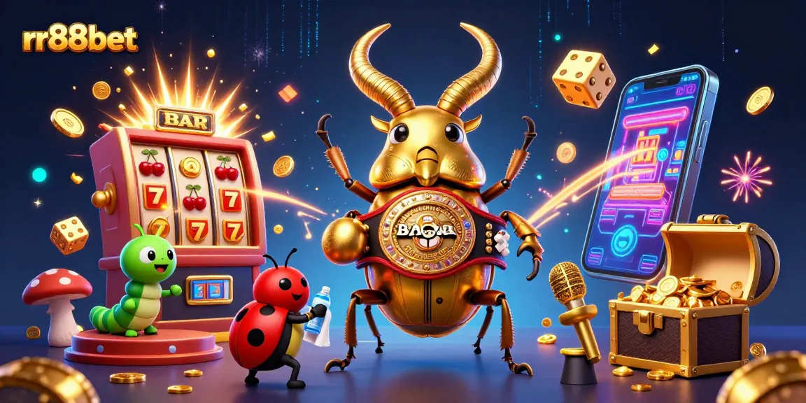 Engage in thrilling moments at rr88bet, featuring a vivid 3D illustration of a golden stag beetle boxing, bursting slot machines, and vibrant gaming symbols.