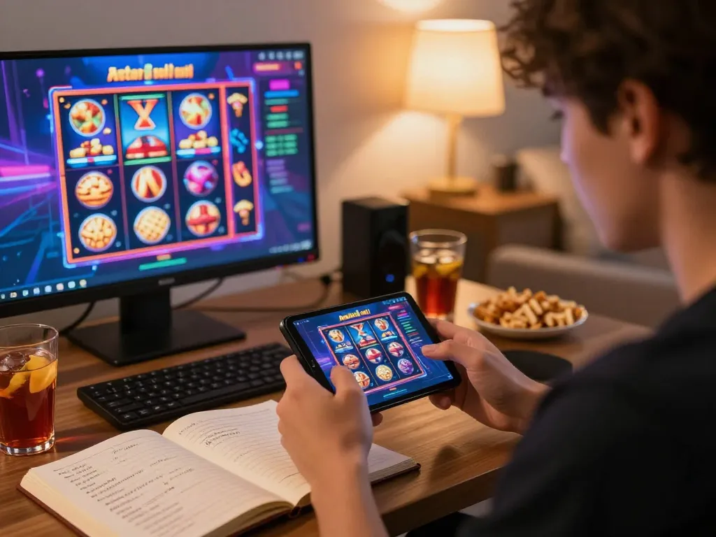 Engaging with slot gacor malam ini on a mobile device in a cozy home gaming setup.