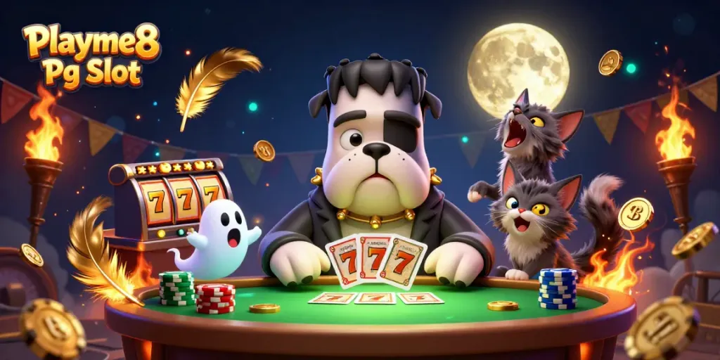 เล่น Playme8 Pg Slot กับสุนัขแฟรงเกนสไตน์การ์ตูนที่แจกไพ่ที่โต๊ะสีเขียว