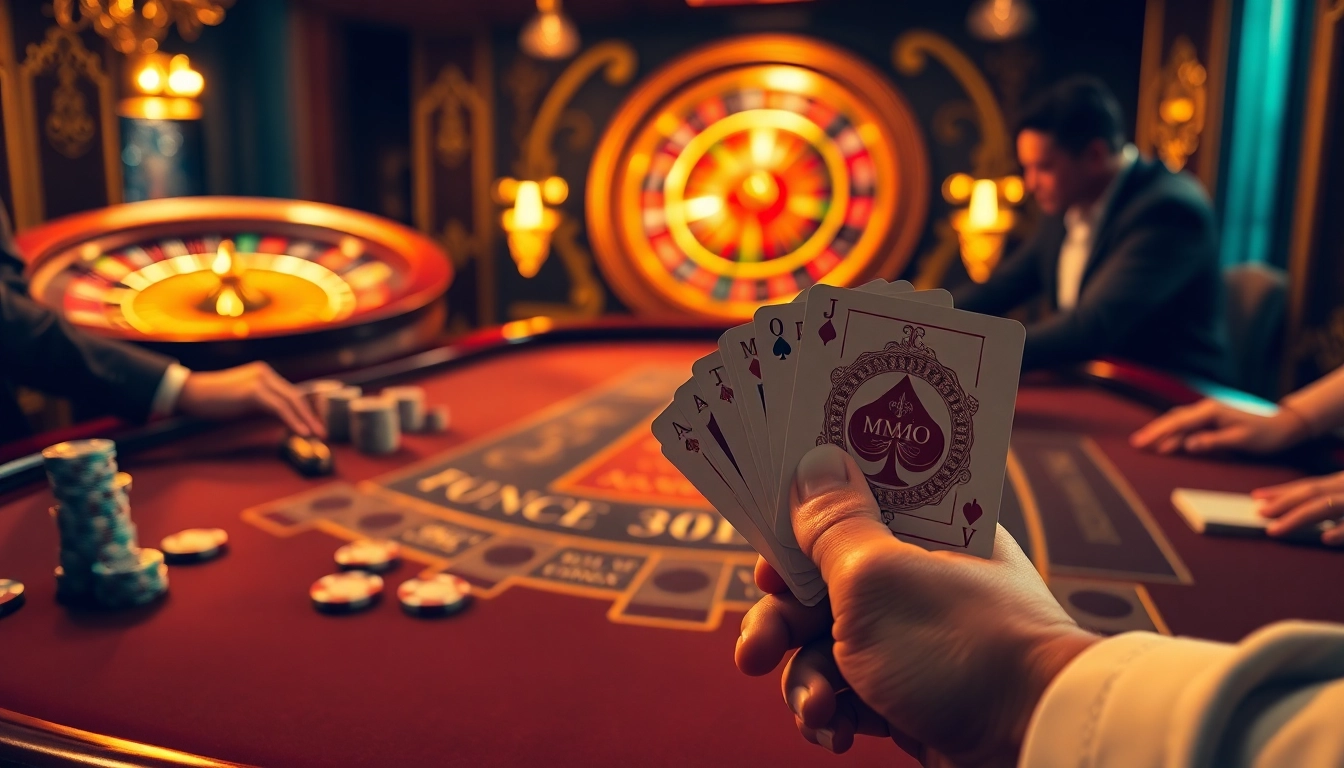 Engaged players enjoy MMOO-themed cards at a luxurious casino blackjack table.