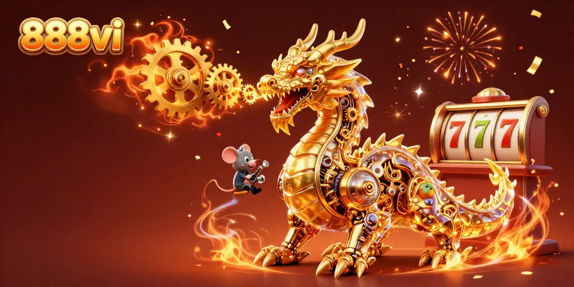 Experience thrilling moments with 888vi as the golden dragon showcases dynamic slot game elements in a festive atmosphere.