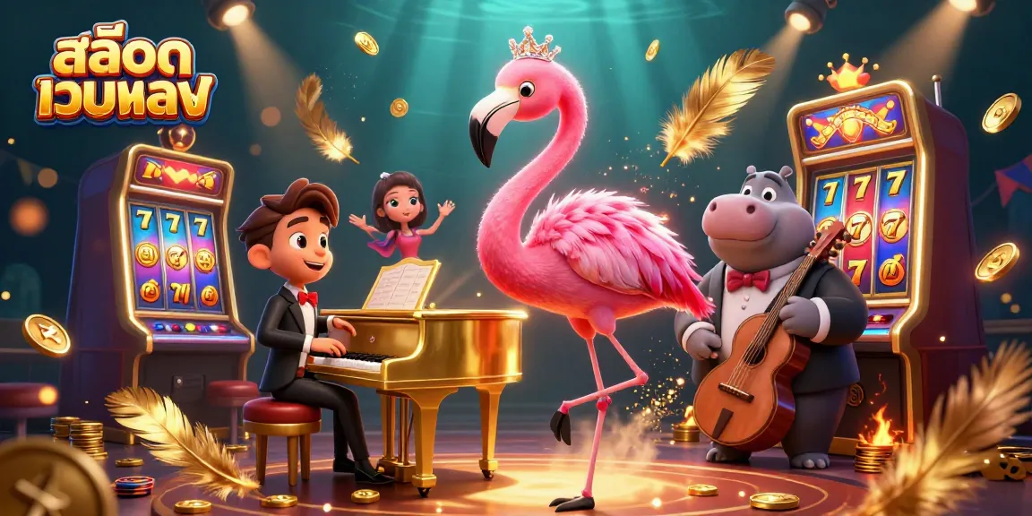 Spin to win at สล็อตเว็บตรง with a vibrant flamingo singer and slot machine scene.
