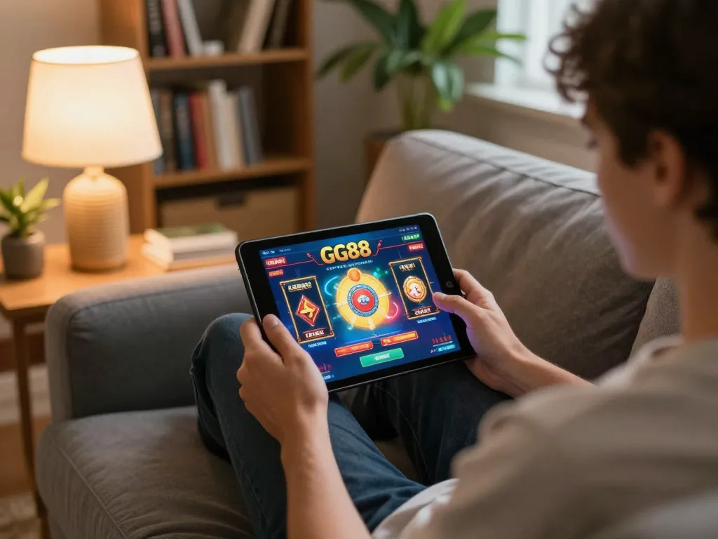 Engaging with GG88 online casino app on tablet in a cozy home environment