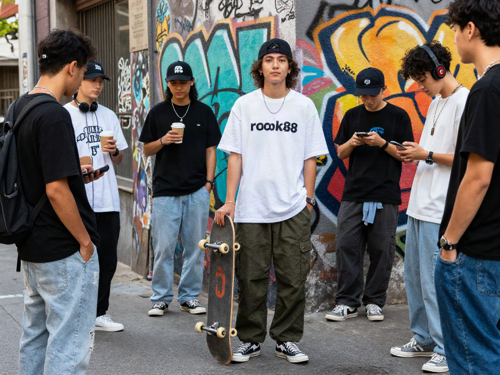 Fashionable youth lifestyle scene with rokok88 streetwear and vibrant urban backdrop