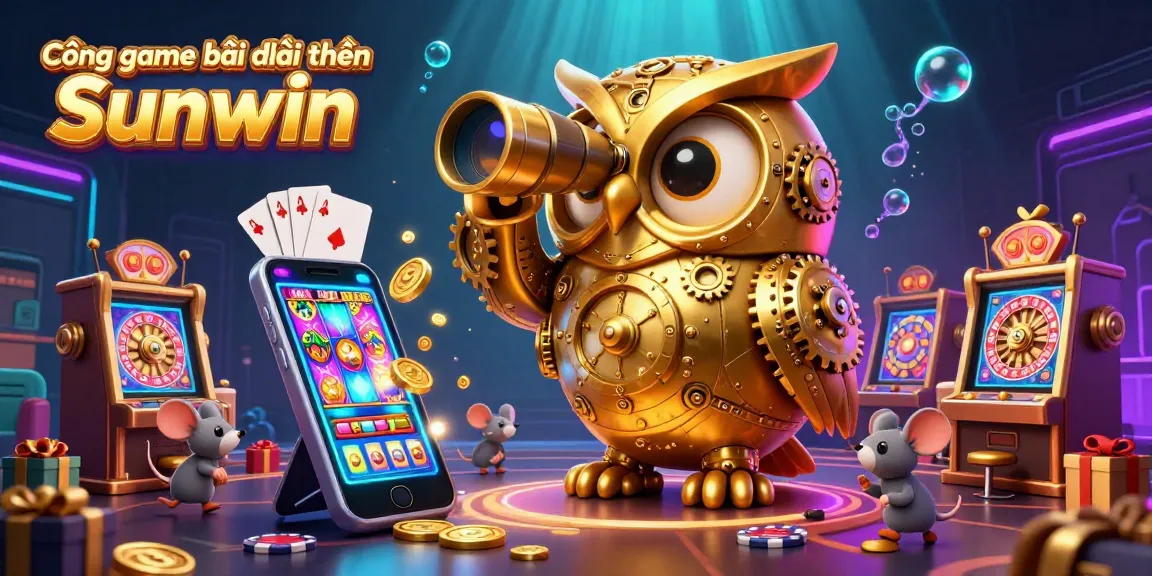 Cổng game bài đổi thưởng Sunwin showcases a dynamic casino scene with a golden owl and animated game elements.