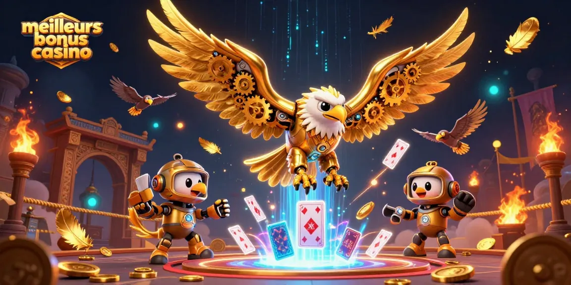 Découvrez les meilleurs bonus casino 2026, avec un aigle cyborg plongeant à travers des cartes holographiques.