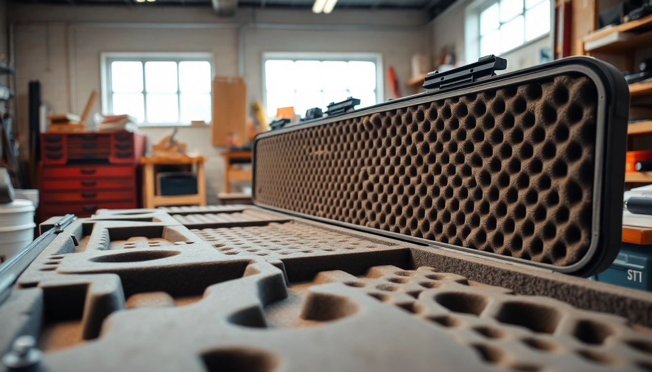 Custom-cut foam for rifle case displayed in a workshop, demonstrating quality and precision.