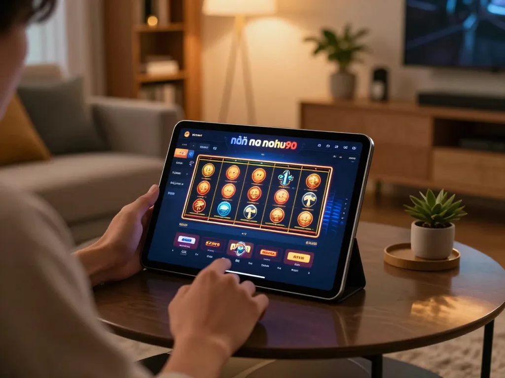 Engaging with nhà cái nohu90 online casino, a player enjoys a smooth gaming experience on a tablet.
