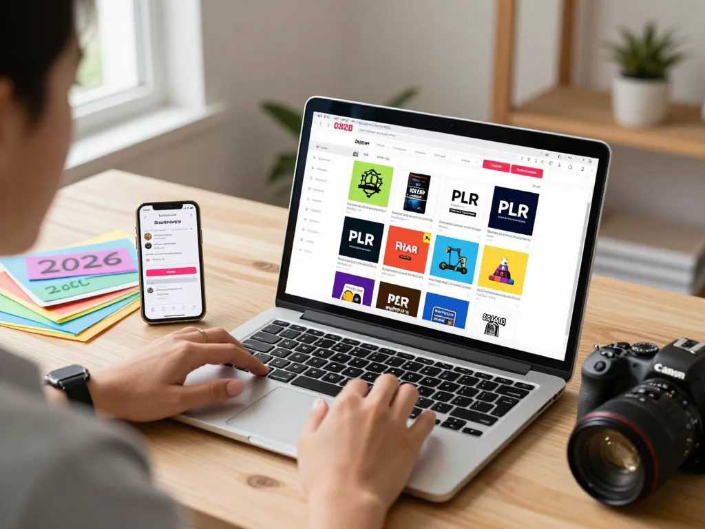 Excited shopper buying PLR products online in a modern workspace, showcasing diverse digital offerings.