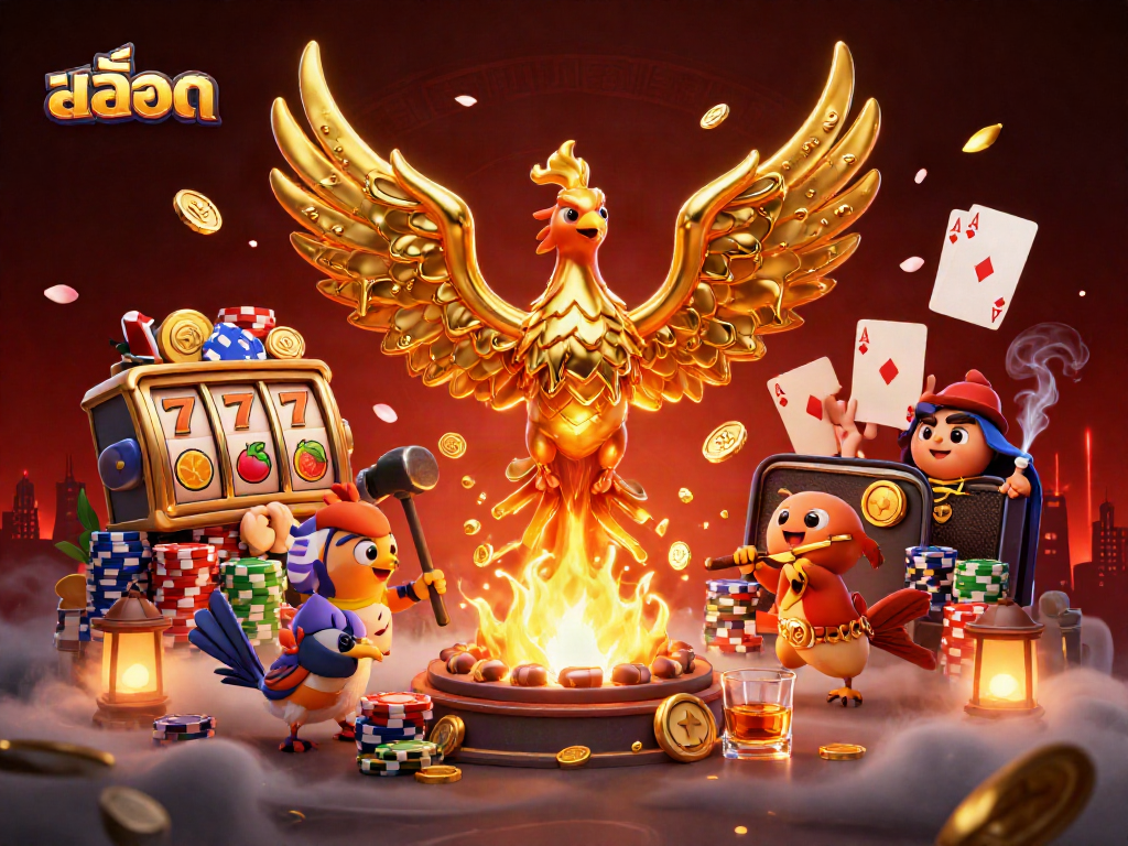 Experience the thrill of สล็อต gaming with vibrant slot symbols and a golden phoenix illustration.