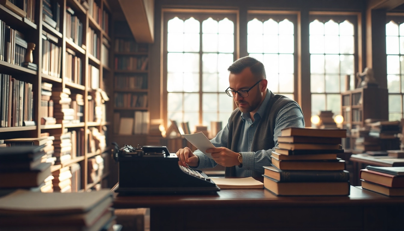Author writing at a vintage desk in a warm library, creating literary works with focus.
