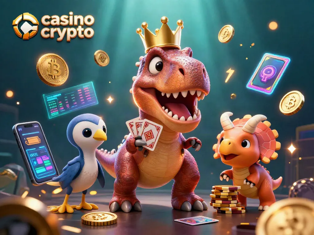 Giocatori nel casino crypto, T-Rex e amici festeggiano con carte e chip d'oro.