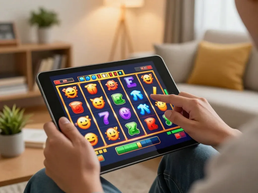 Engaging with Slot Online action on a tablet, showing colorful game reels in a cozy home setting.