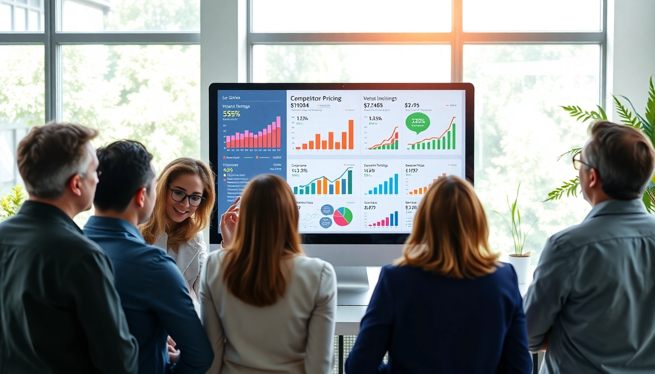 Analyze competitor pricing data with professionals discussing insights in a bright office.