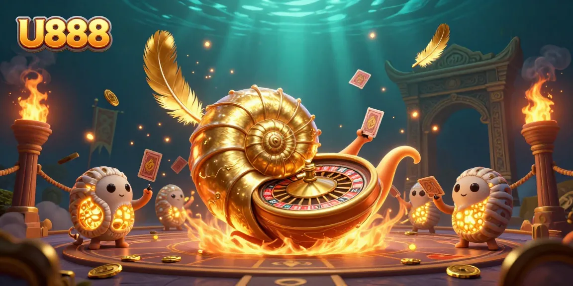 Engage in thrilling games at U888 with a vibrant, dynamic casino scene featuring a giant nautilus and golden elements.