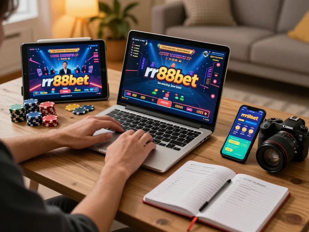Engaging in rr88bet online casino gaming with laptop and tablet in a cozy home setup
