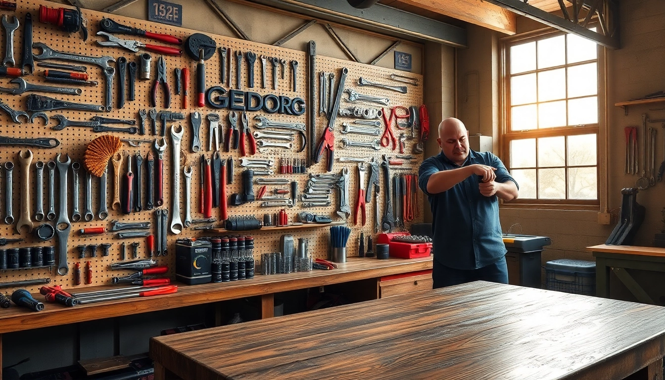 Mechanic using Gedore tools for precision repairs in a busy workshop setting