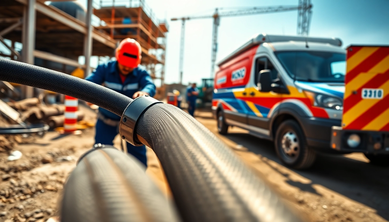 Technicians providing mobile hydraulic services during on-site hose repairs.