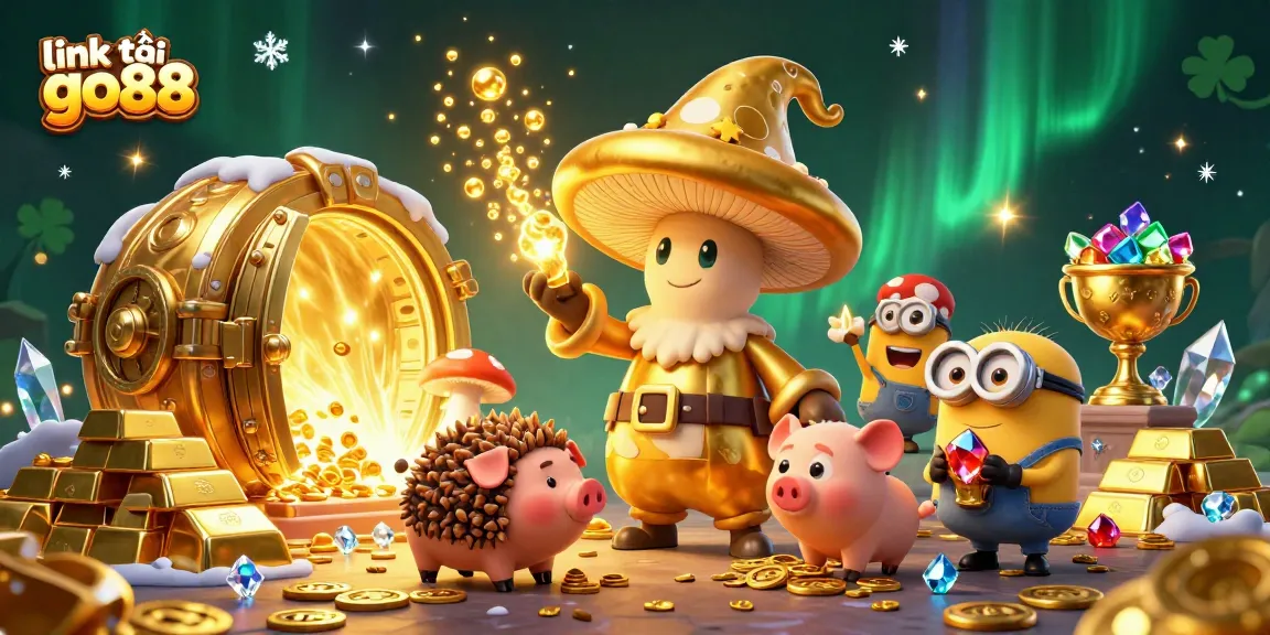 Enhance your gaming with link tải go88, a magical scene with golden treasures and vibrant characters.