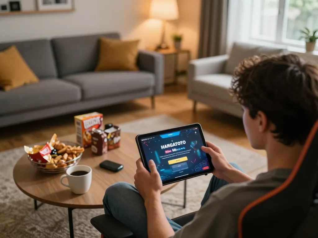 Engaging in online gaming with HARGATOTO login on tablet in cozy home setup.