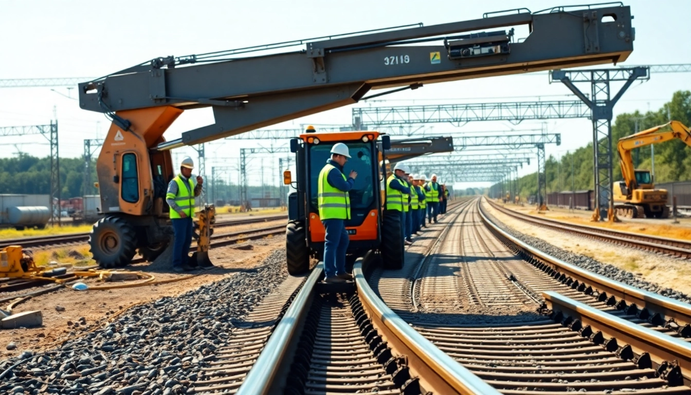 Workers enhancing ows rail infrastructure with heavy machinery and safety precautions.