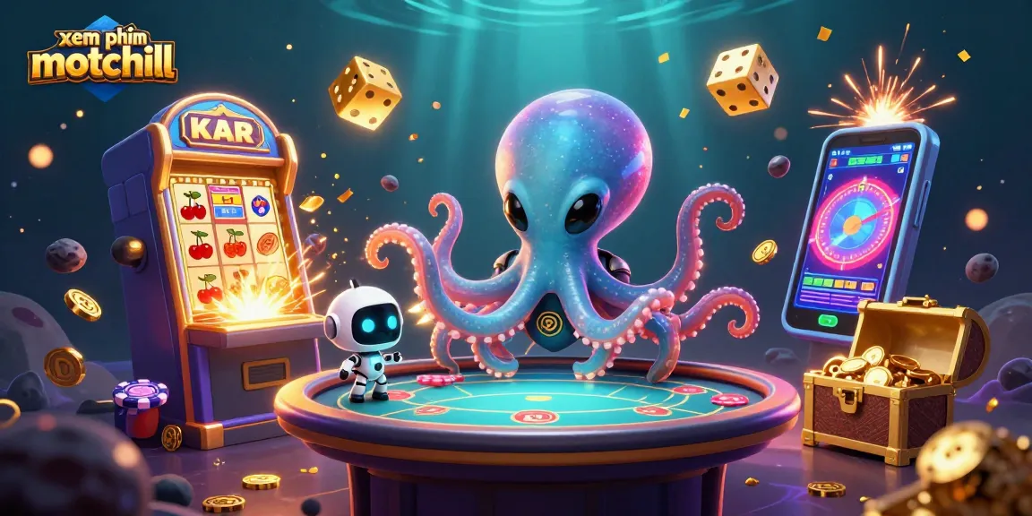 Xem phim motchill as a playful alien octopus spins a holographic poker table amid flying jackpot symbols.