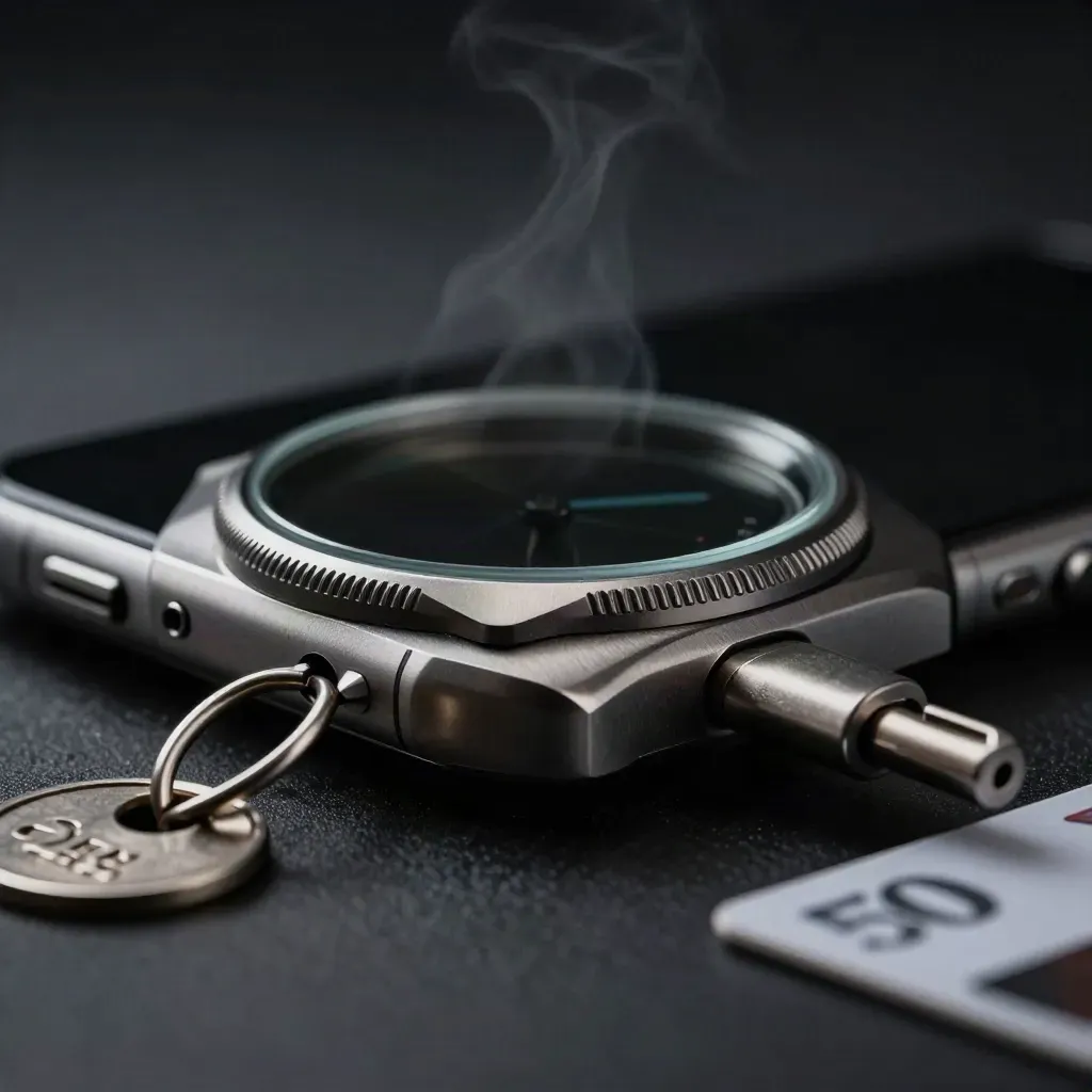 Brushed graphite UTM watch kit with phone, cable ring and metal token on a dark studio slab.