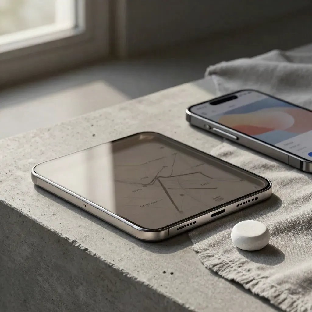 Smoked-glass analytics module beside a phone and white stone weight on ash-grey linen