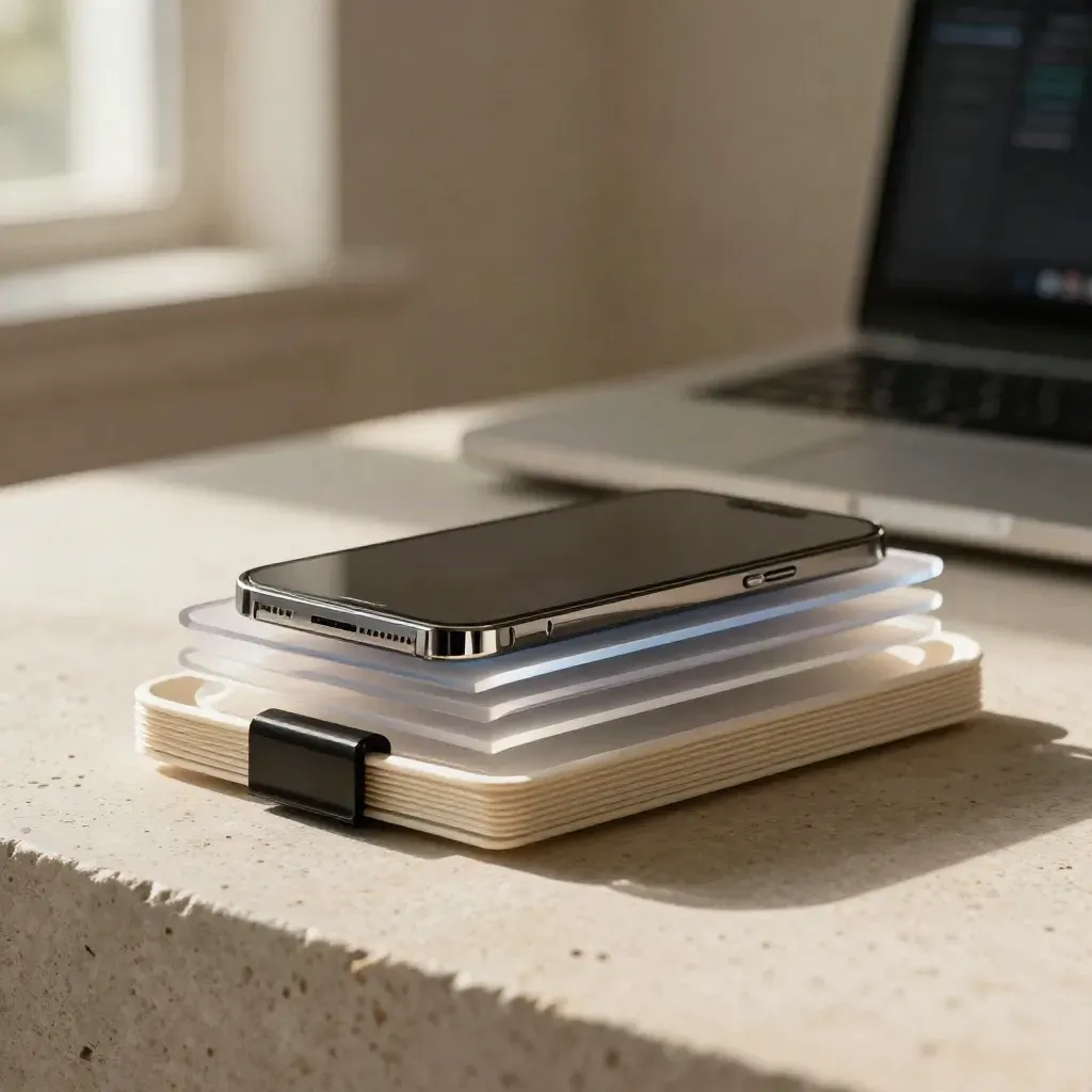 Layered analytics report pack with phone, tray, and clip on pale stone in soft light.