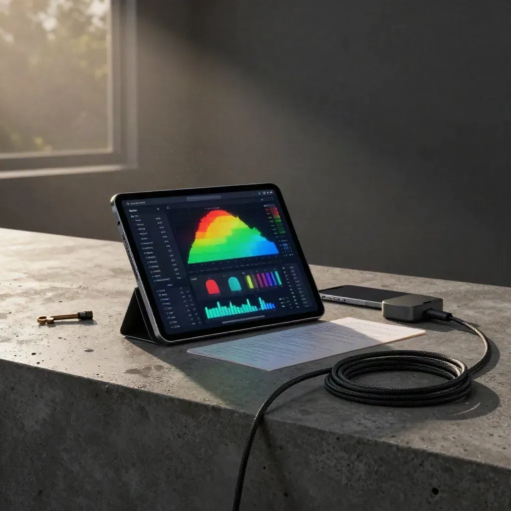 Matte analytics tablet, phone, card, hub, and cable on damp concrete in dawn mist