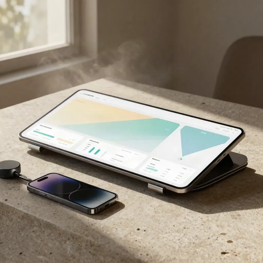Analytics dashboard slab, phone, tracker, and cable in a modern lifestyle scene.